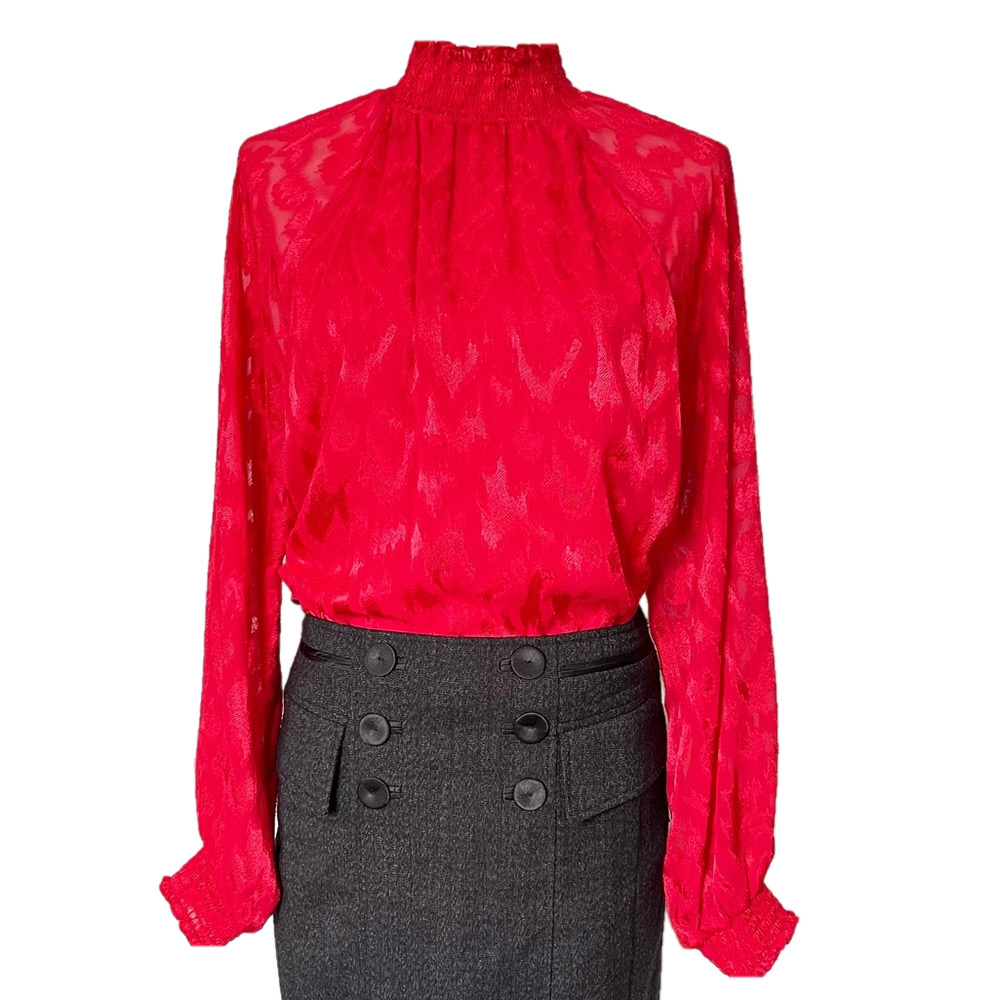 Calvin Klein Mock Neck Cuff Lined Sheer Mesh Red Raglan Long Sleeve Blouse M